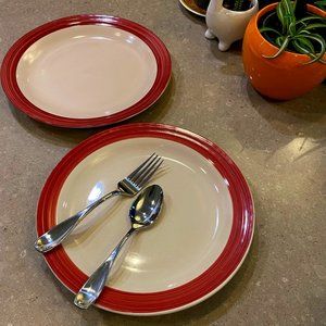 Royal Norfolk Dinner Plates 10.5", Bone with Red Swirl Rim